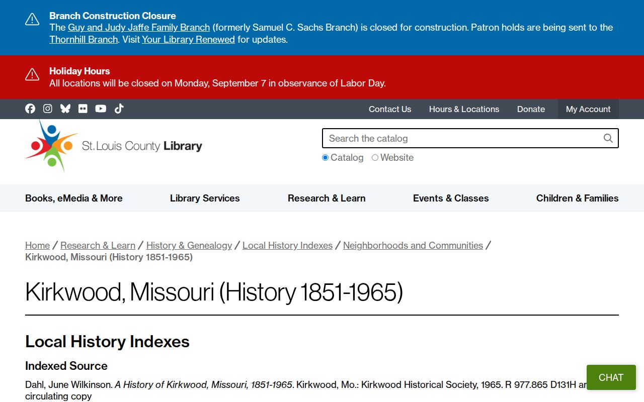 Kirkwood previous residents research in the SLCL Kirkwood local-history index
